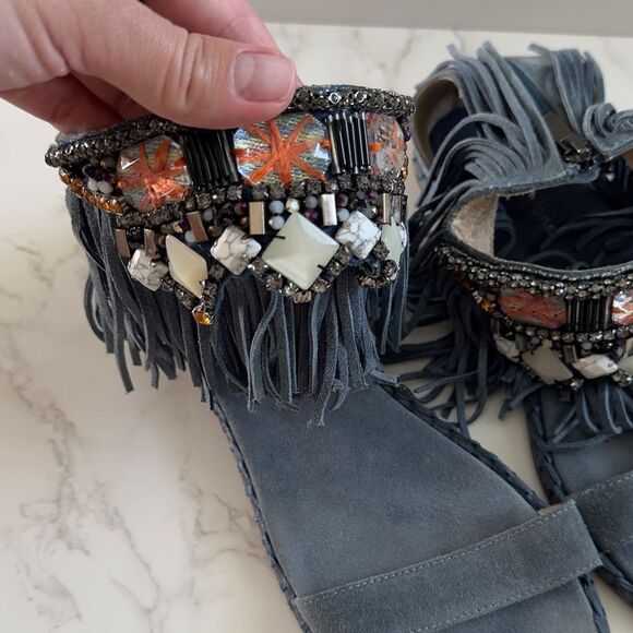 ⭕️ HANDMADE from Greece One-of-a-kind Fringe Embellished Blue Sandals - Picture 4 of 5